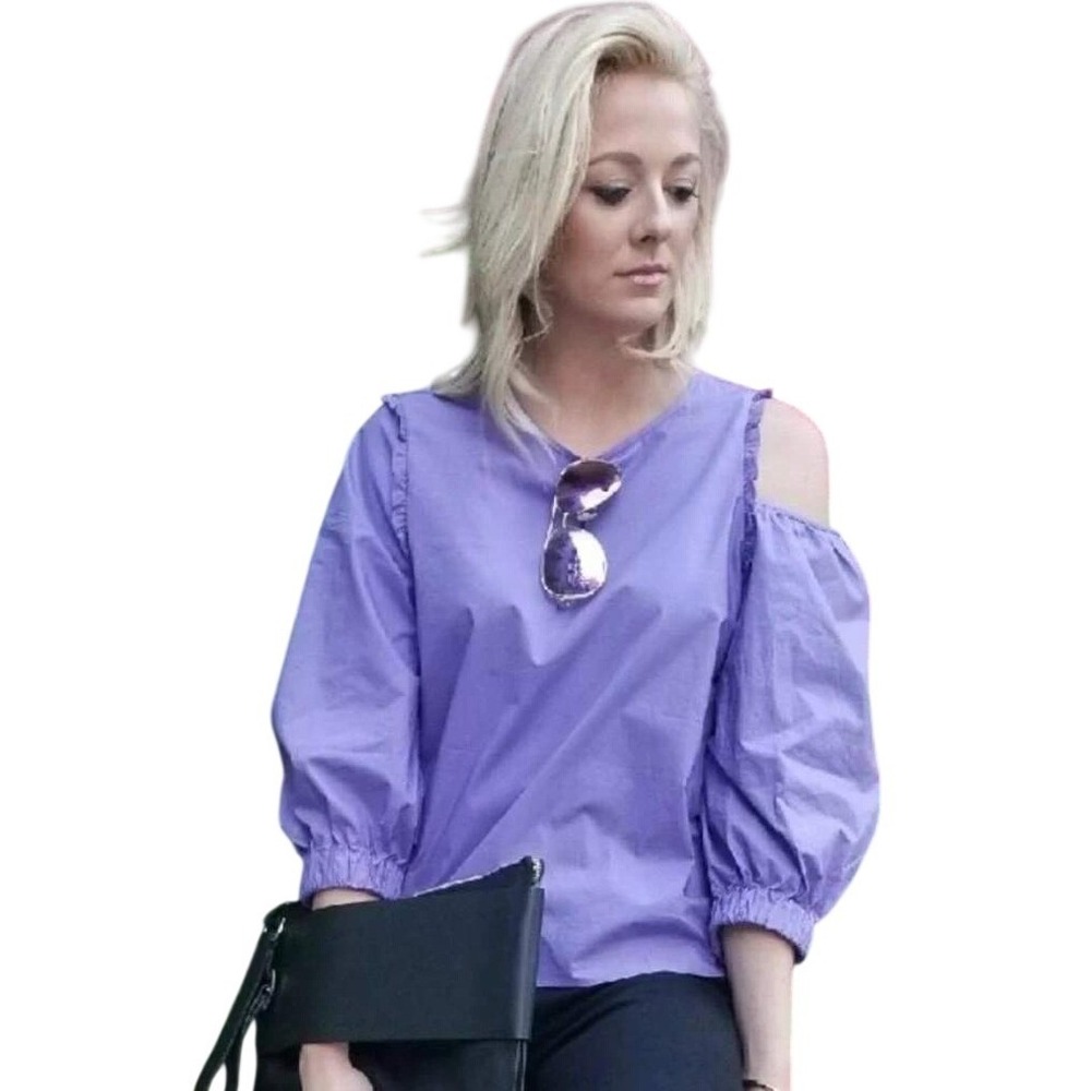 Tibi Cold One Shoulder Blouse Womens 6 Purple Ruffle Puff Sleeve Cotton Poplin